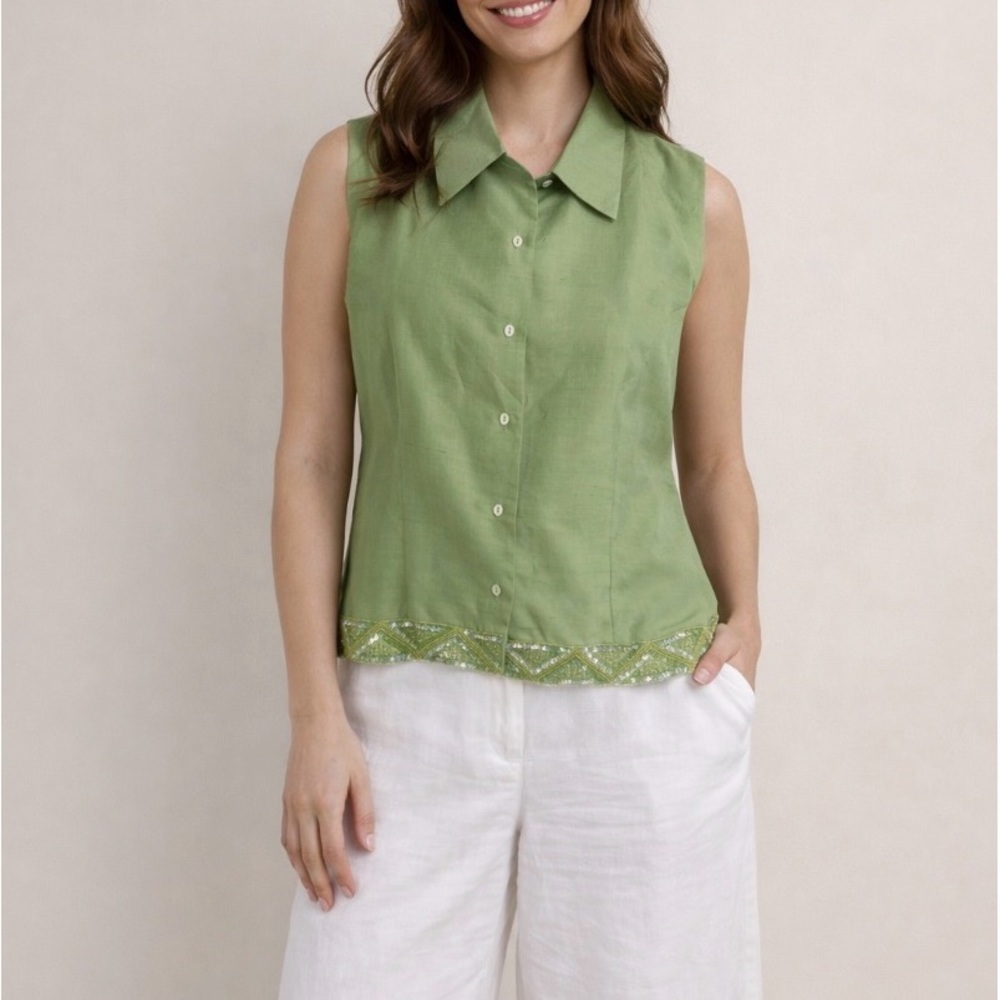 Vision Apparel Green Beaded Raw Silk Sleeveless Blouse Size 14